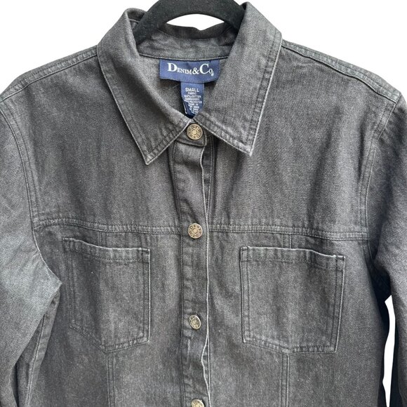 Denim & Co Womens Floral Embroidered Charcoal Gray Button-Up Denim Jacket New S - Picture 3 of 9